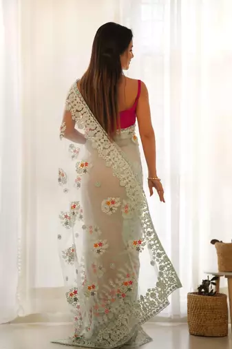 Blue net embroidered thread work heavy look ethnic saree with blouse
