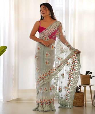 Blue net embroidered thread work heavy look ethnic saree with blouse 4