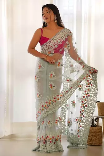 Blue net embroidered thread work heavy look ethnic saree with blouse