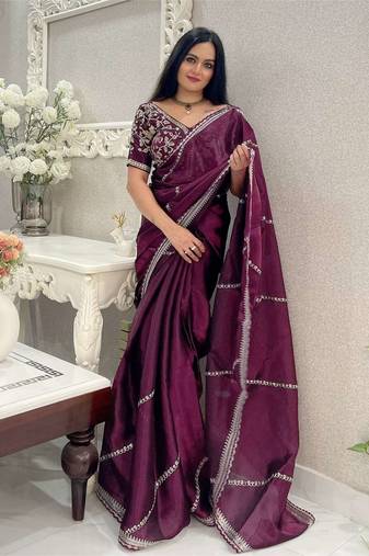 Wine silk embroidered sequins work heavy look ethnic saree with blouse