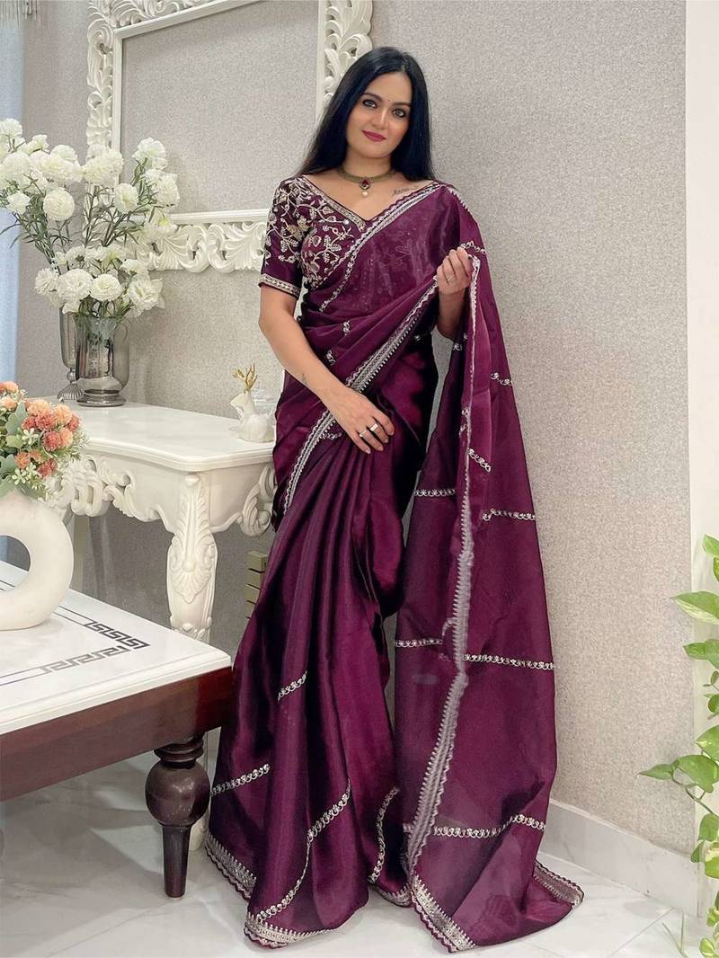 Wine silk embroidered sequins work heavy look ethnic saree with blouse
