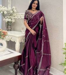 Wine silk embroidered sequins work heavy look ethnic saree with blouse