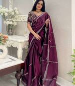 Wine silk embroidered sequins work heavy look ethnic saree with blouse