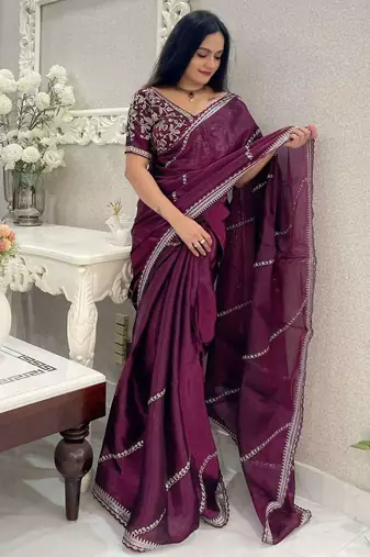 Wine silk embroidered sequins work heavy look ethnic saree with blouse
