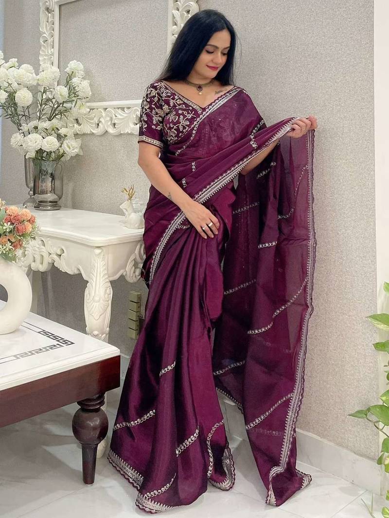 Wine silk embroidered sequins work heavy look ethnic saree with blouse