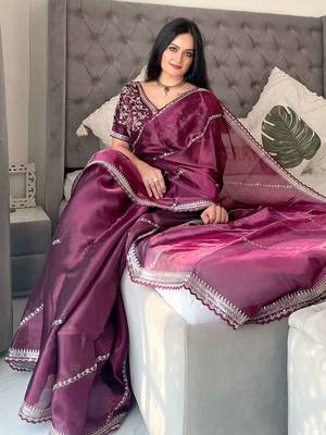 Wine silk embroidered sequins work heavy look ethnic saree with blouse 3