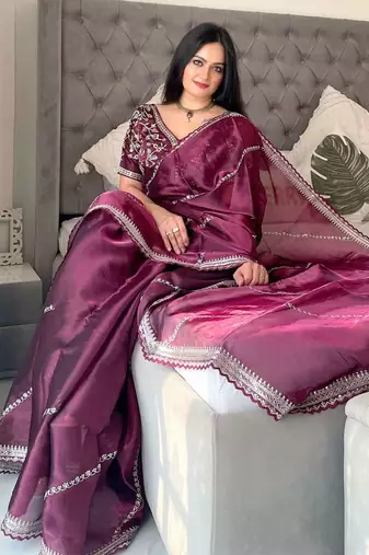 Wine silk embroidered sequins work heavy look ethnic saree with blouse