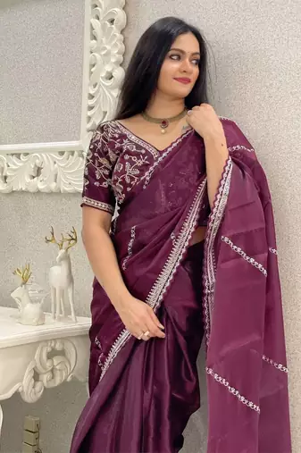 Wine silk embroidered sequins work heavy look ethnic saree with blouse