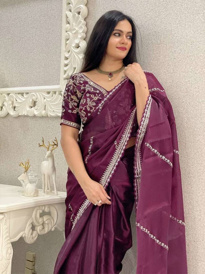 Wine silk embroidered sequins work heavy look ethnic saree with blouse