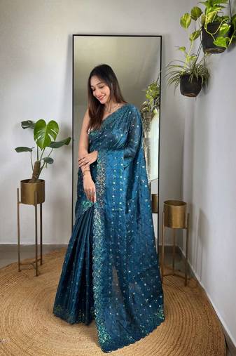 Teal silk embroidered sequins work heavy look ethnic saree with blouse
