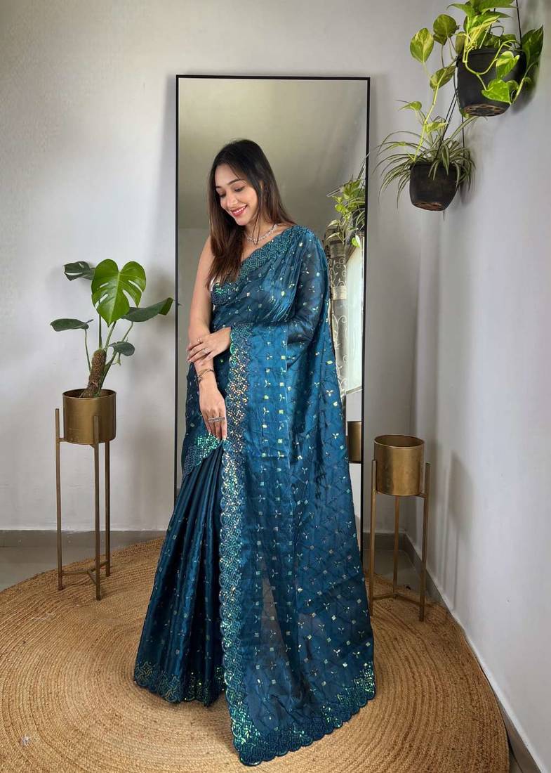 Teal silk embroidered sequins work heavy look ethnic saree with blouse