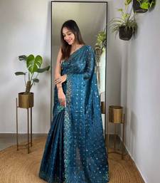 Teal silk embroidered sequins work heavy look ethnic saree with blouse