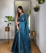 Teal silk embroidered sequins work heavy look ethnic saree with blouse