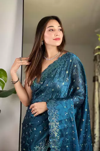 Teal silk embroidered sequins work heavy look ethnic saree with blouse