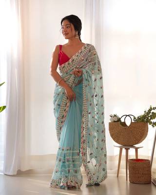 Sky blue net embroidered aari work heavy look ethnic saree with blouse 1