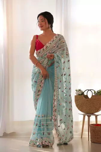 Sky blue net embroidered aari work heavy look ethnic saree with blouse
