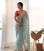 Sky blue net embroidered aari work heavy look ethnic saree with blouse