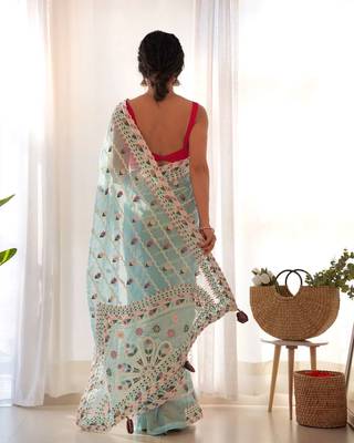 Sky blue net embroidered aari work heavy look ethnic saree with blouse 2