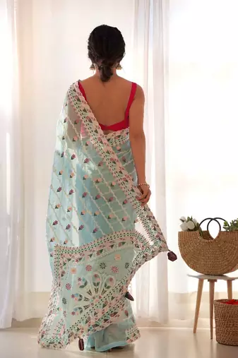 Sky blue net embroidered aari work heavy look ethnic saree with blouse