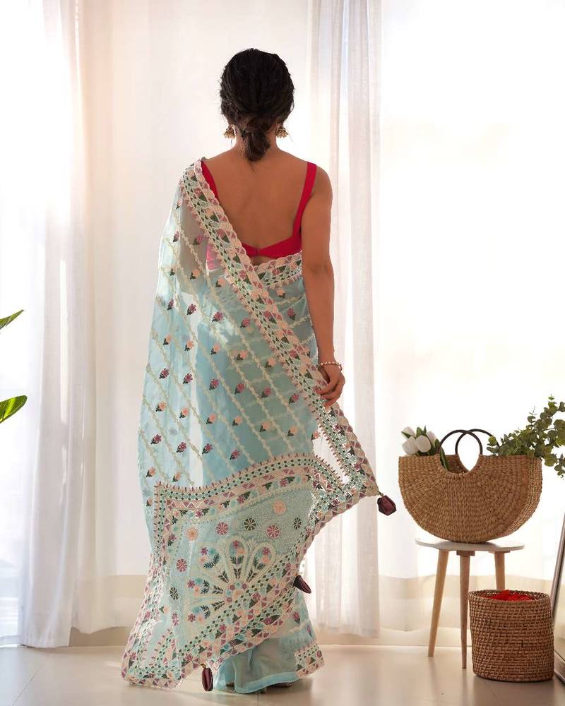 Sky blue net embroidered aari work heavy look ethnic saree with blouse
