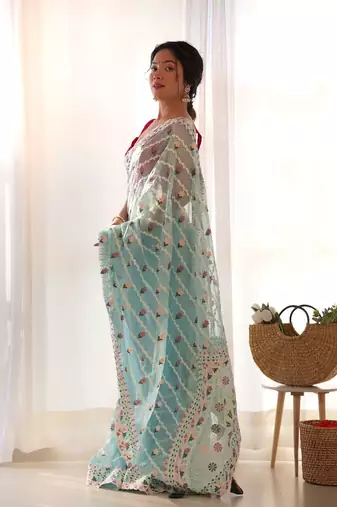 Sky blue net embroidered aari work heavy look ethnic saree with blouse
