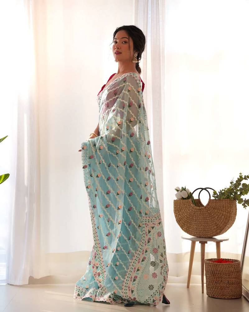 Sky blue net embroidered aari work heavy look ethnic saree with blouse
