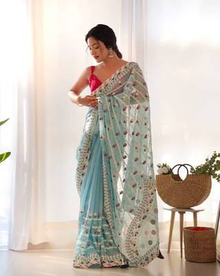 Sky blue net embroidered aari work heavy look ethnic saree with blouse 4