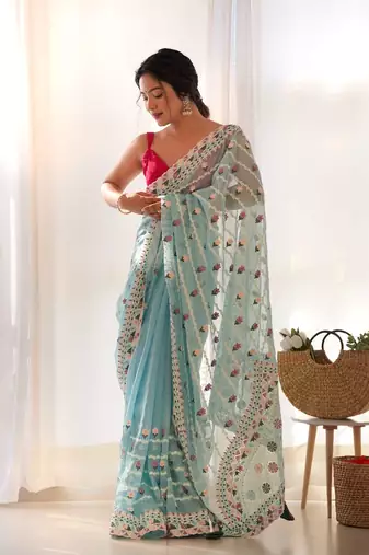 Sky blue net embroidered aari work heavy look ethnic saree with blouse
