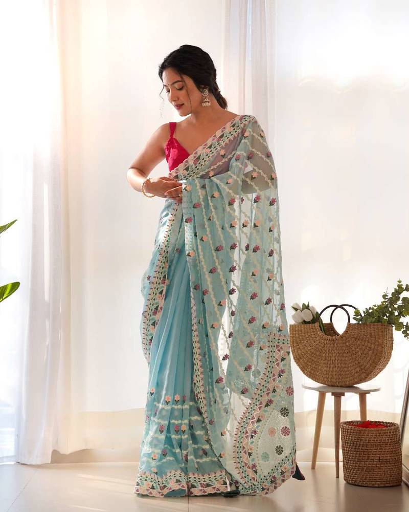 Sky blue net embroidered aari work heavy look ethnic saree with blouse