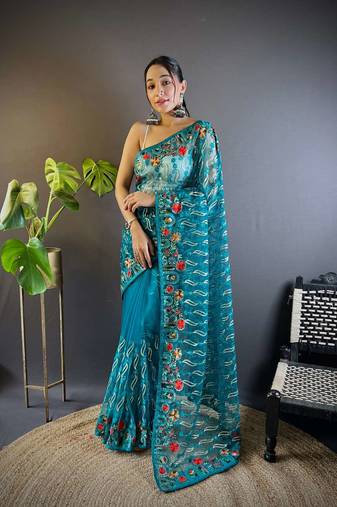 Teal net embroidered thread work heavy look ethnic saree with blouse