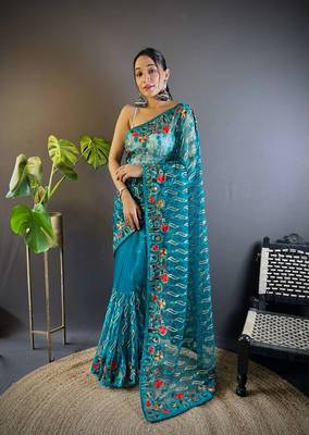 Teal net embroidered thread work heavy look ethnic saree with blouse 1