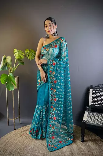Teal net embroidered thread work heavy look ethnic saree with blouse