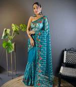 Teal net embroidered thread work heavy look ethnic saree with blouse