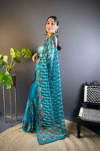 Teal net embroidered thread work heavy look ethnic saree with blouse