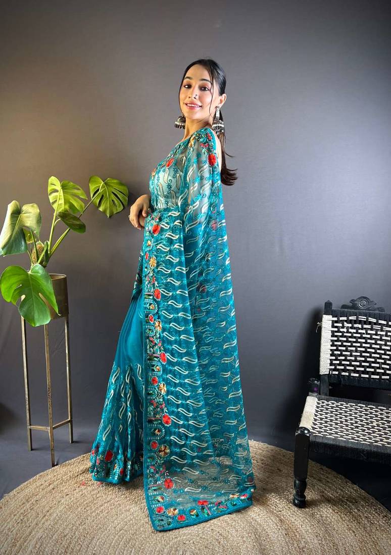 Teal net embroidered thread work heavy look ethnic saree with blouse
