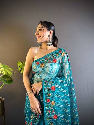 Teal net embroidered thread work heavy look ethnic saree with blouse 3