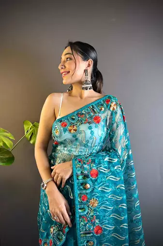 Teal net embroidered thread work heavy look ethnic saree with blouse