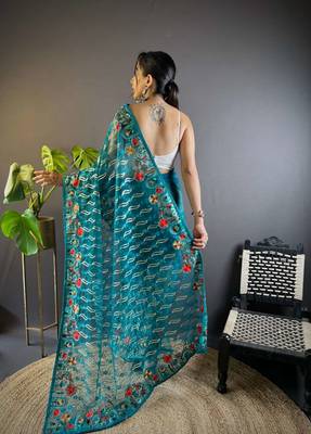 Teal net embroidered thread work heavy look ethnic saree with blouse 4