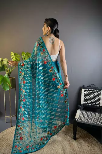 Teal net embroidered thread work heavy look ethnic saree with blouse