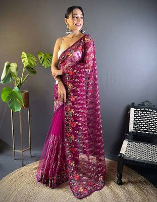 Purple net embroidered thread work heavy look ethnic saree with blouse 1