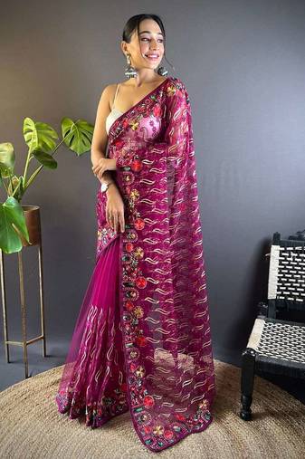 Purple net embroidered thread work heavy look ethnic saree with blouse