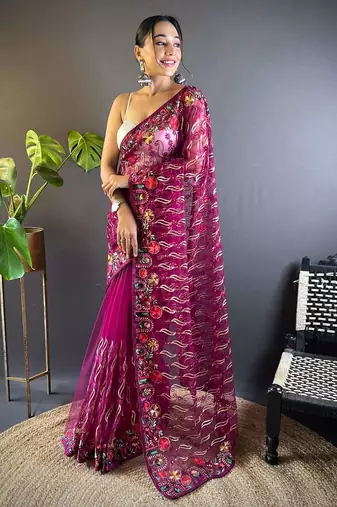 Purple net embroidered thread work heavy look ethnic saree with blouse