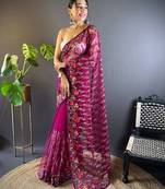 Purple net embroidered thread work heavy look ethnic saree with blouse