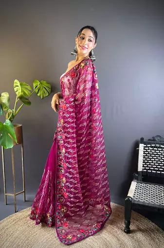 Purple net embroidered thread work heavy look ethnic saree with blouse