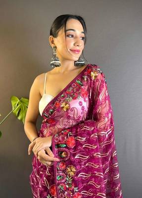 Purple net embroidered thread work heavy look ethnic saree with blouse 3