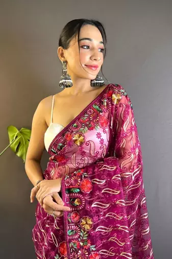 Purple net embroidered thread work heavy look ethnic saree with blouse