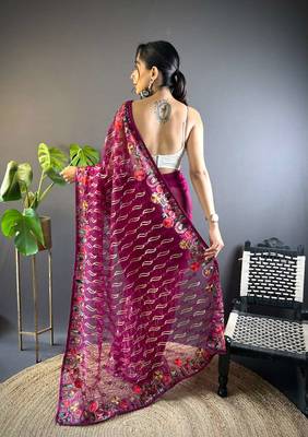 Purple net embroidered thread work heavy look ethnic saree with blouse 4