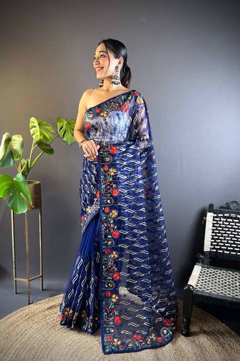 Blue net embroidered thread work heavy look ethnic saree with blouse