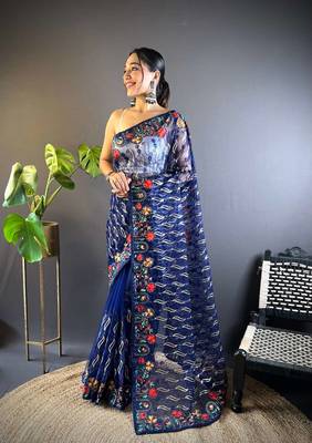 Blue net embroidered thread work heavy look ethnic saree with blouse 1