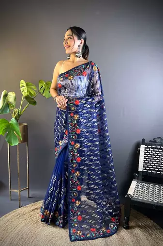 Blue net embroidered thread work heavy look ethnic saree with blouse